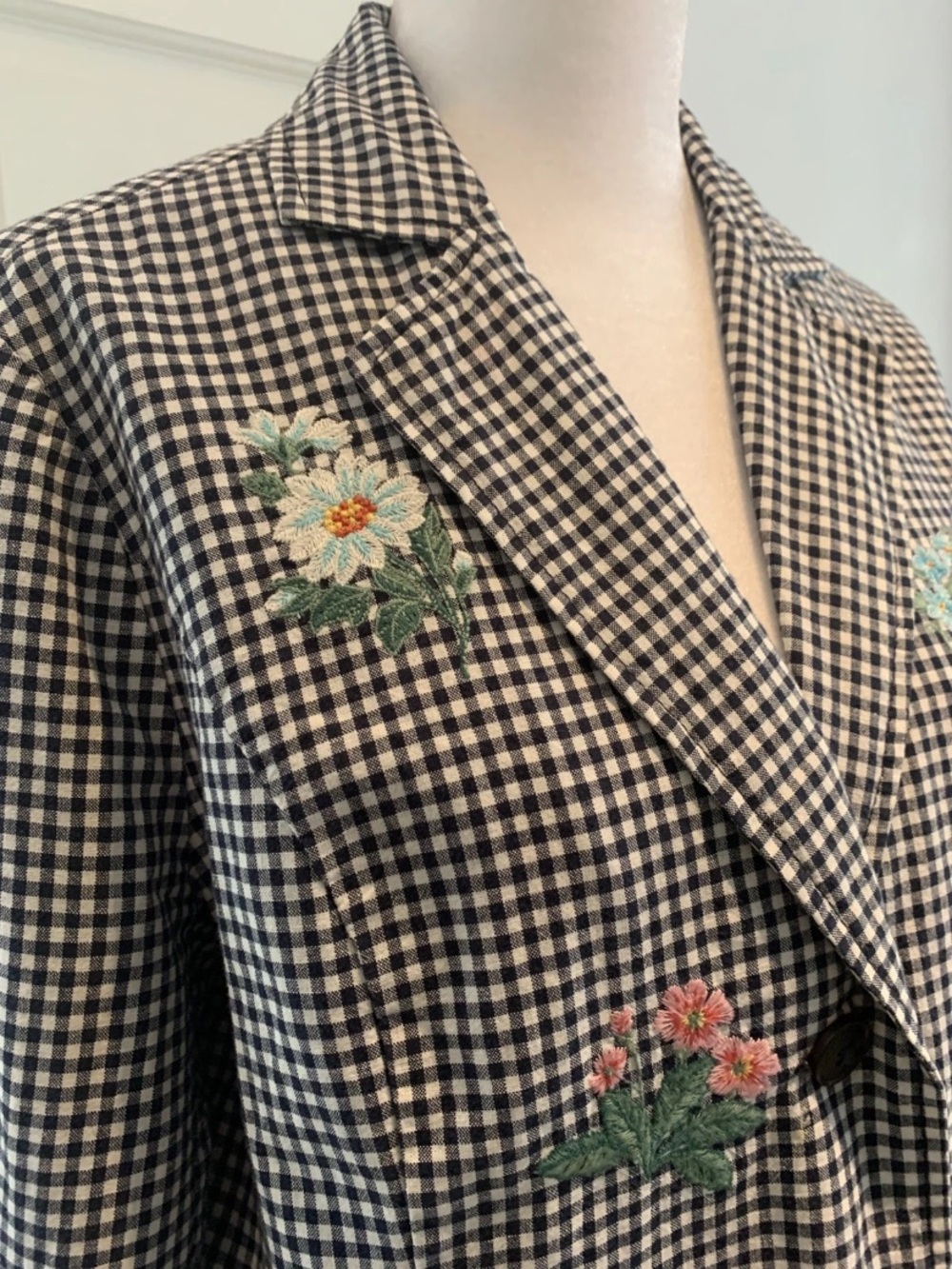 Womens Black & White Gingham Embroidered Blazer by Sundance